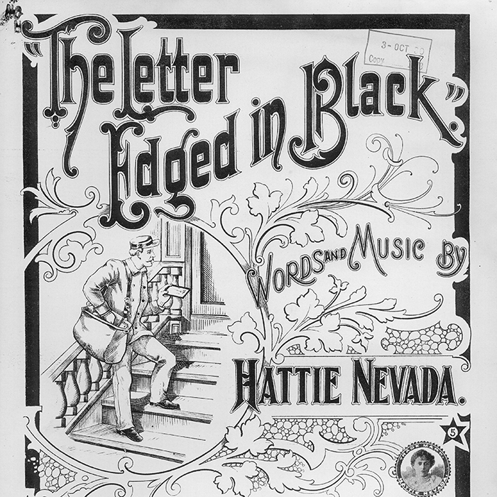 Sheet music cover for The Letter Edged in Black with photo of Hattie Nevada.